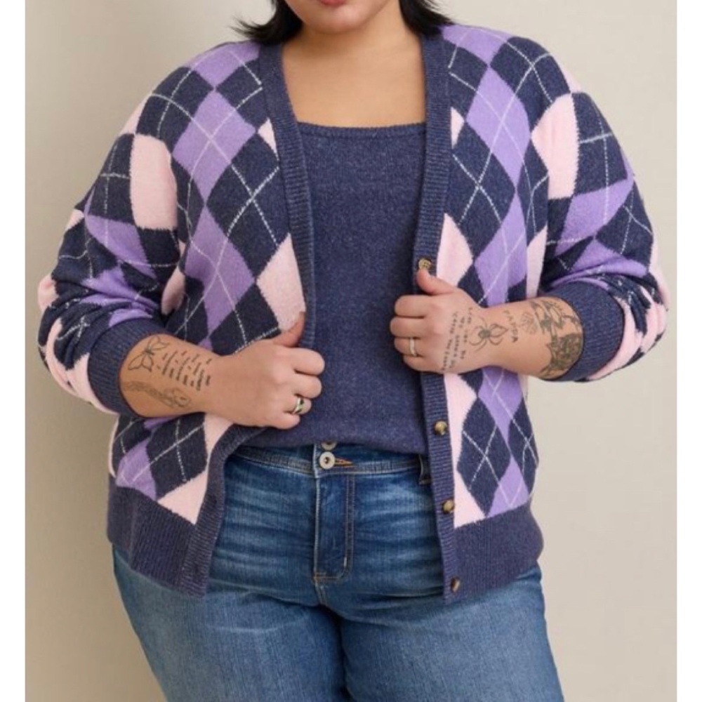 🆕 Vegan Cashmere Argyle V-neck Cardigan Sweater 3 3X 22 24 NWT Torrid New! Blue